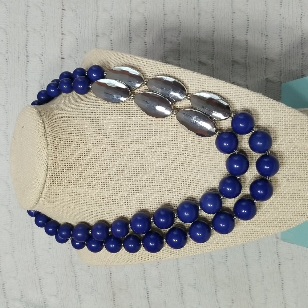 1946 Double Strand Chunky Blue & Silver Colored Hardware Necklace
